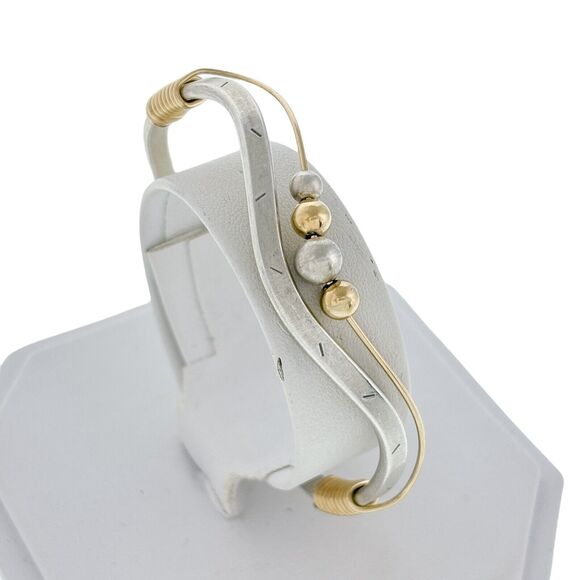 Vintage Southwest Sterling Silver Two Toned Ball Bead Wavy Cuff Bracelet 5.5" - Picture 1 of 11